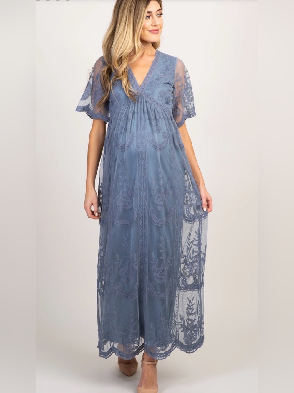 Embroidered/Lacey V-Neck Maternity Dress with sheer back
